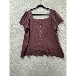 Torrid Shirt Womens 3X Burgundy Short Sleeve Embroidered Plus Size Blouse Top